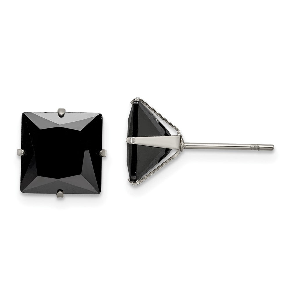 Stainless Steel Polished 9mm Black Square CZ Stud Post Earrings
