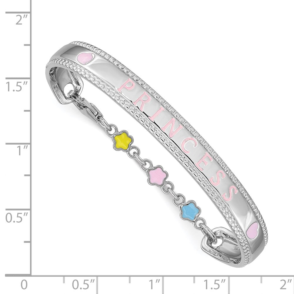 Sterling Silver Rhodium-plated Polished & Beaded Multi-color Enameled Flowers & Hearts PRINCESS with Chain Baby Bangle 4.9 inches