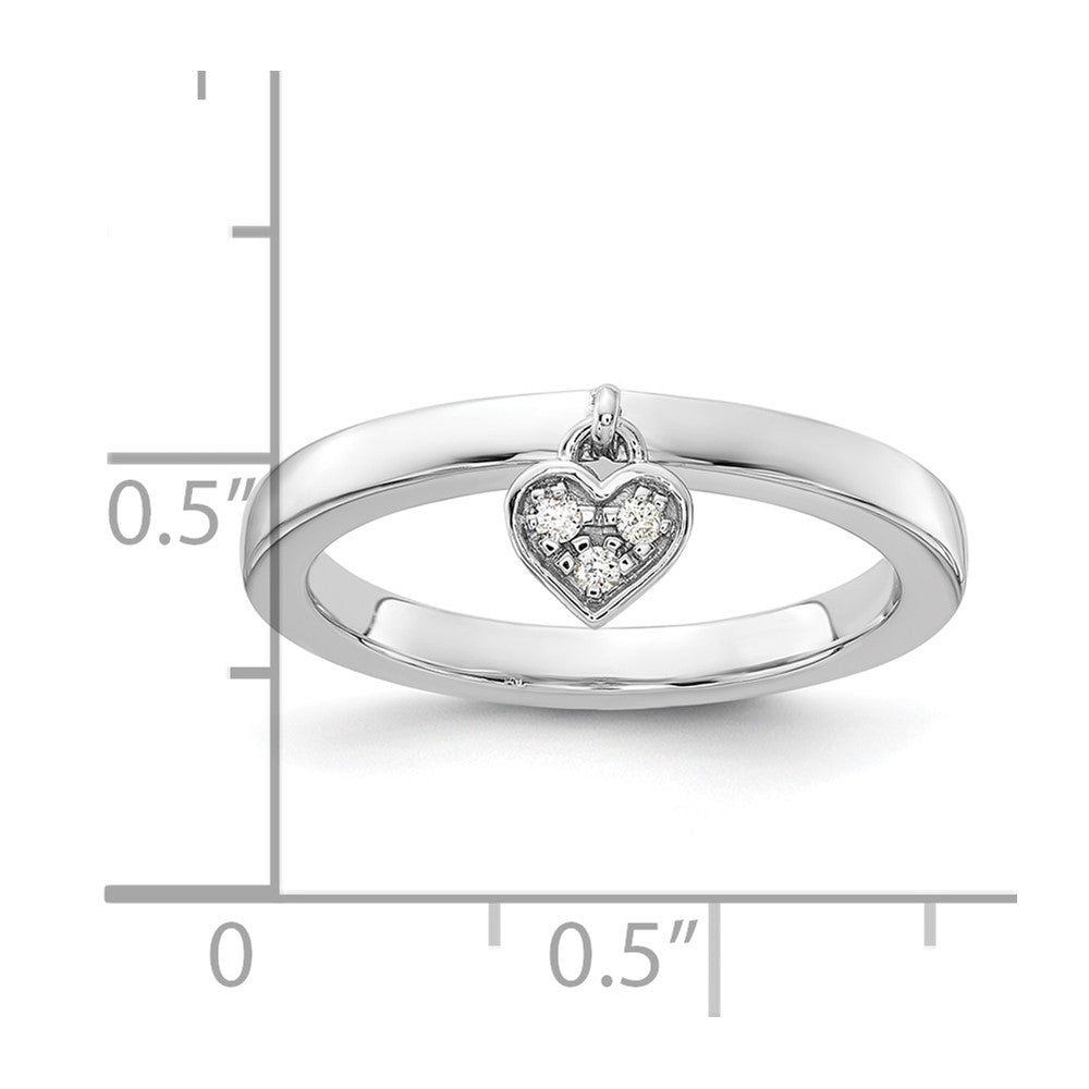 Sterling Silver Rhodium Plated Diamond Heart Dangle Stackable Ring