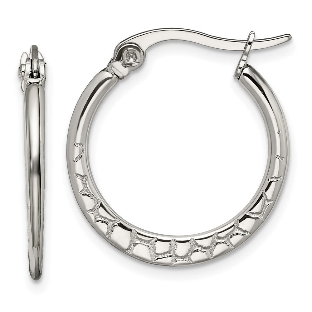 Stainless Steel Polished and Textured 20mm Diameter Hoop Earrings