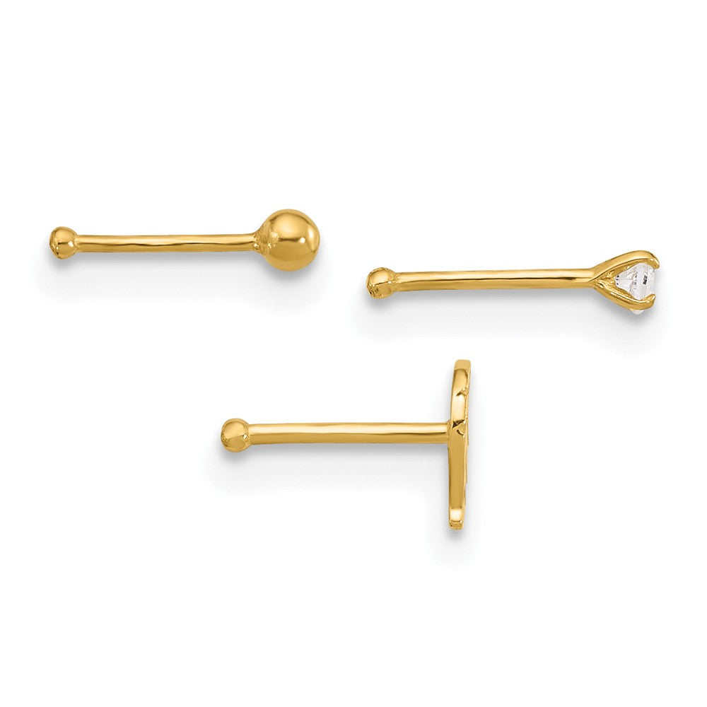 14K Gold 22 Gauge Leaf, Ball & CZ Nose Post Set