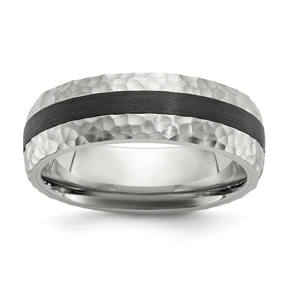Chisel Stainless Steel Brushed and Hammered Black Carbon Fiber Inlay 7mm Band Size - 9.5