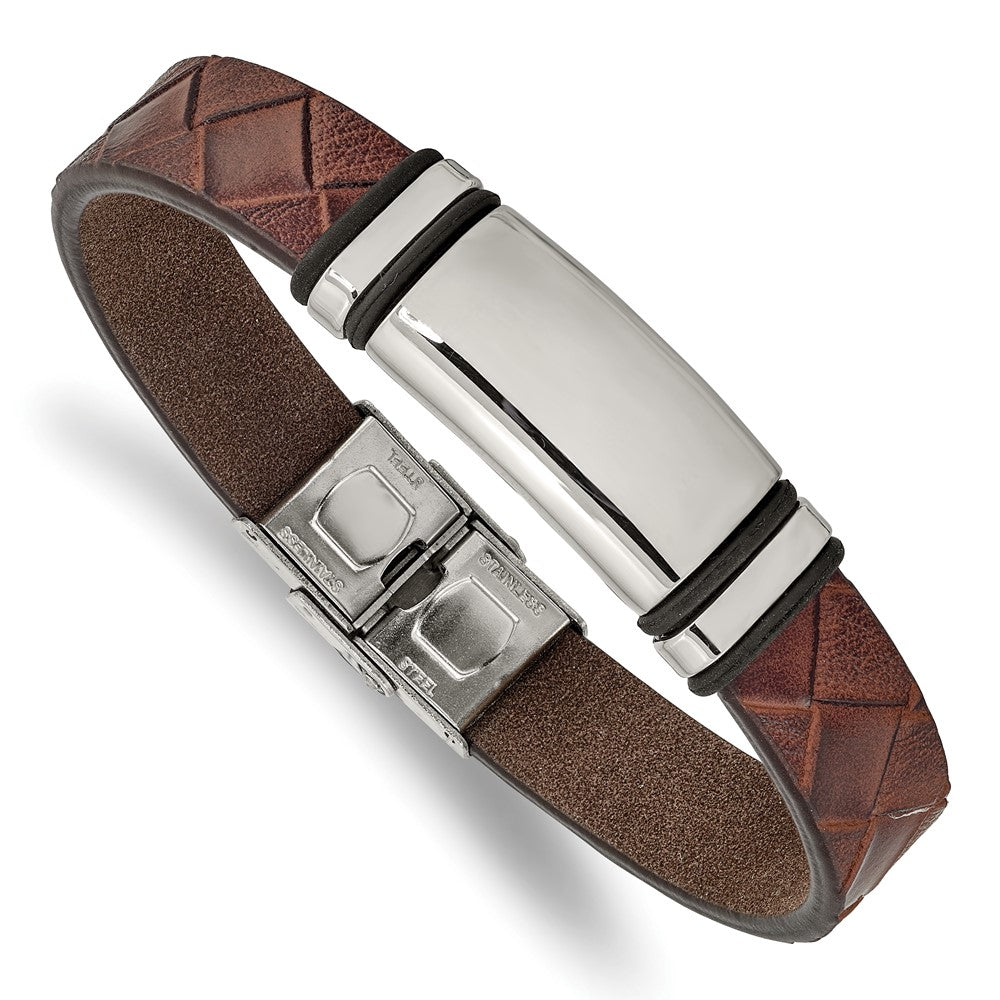 Stainless Steel Polished Brown Faux Leather w/ Black Rubber ID Bracelet 8.25 inches