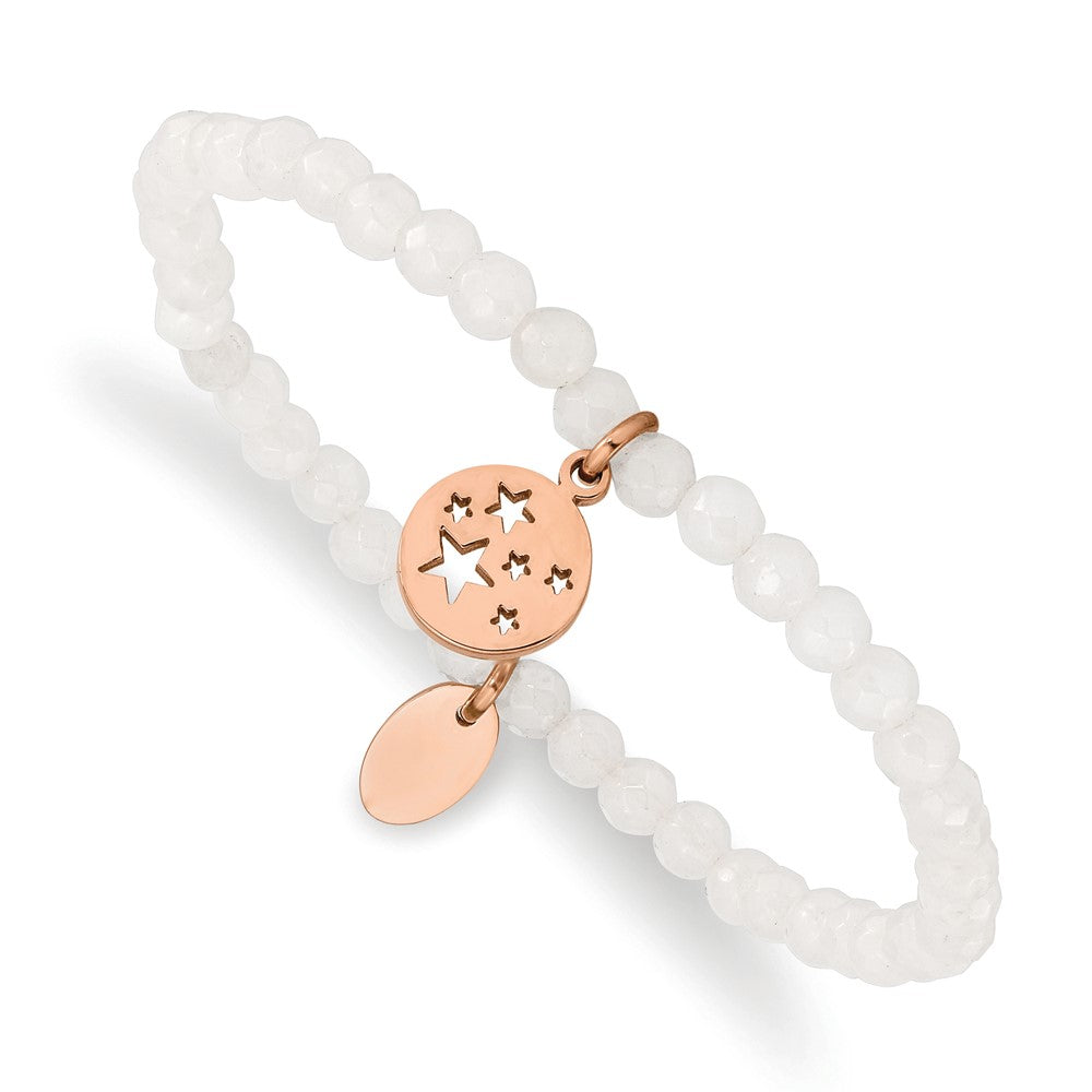Stainless Steel Polished Rose IP Stars White Jade Beaded Stretch Bracelet 6.25 inches