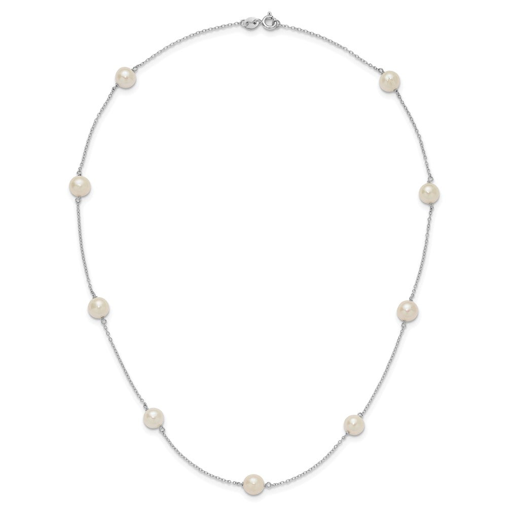 Sterling Silver Rhodium-plated 7-8mm White Near-Round Freshwater Cultured Pearl 9-Stations18 inch Necklace 18 Inches