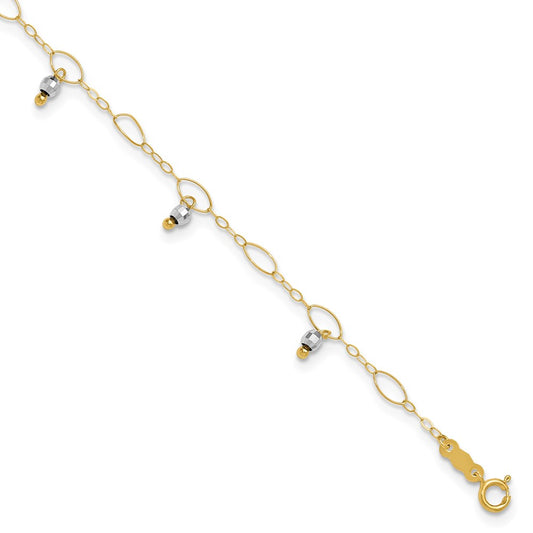 14K Two-Tone Mirror Beaded 9in Plus 1in ext. Anklet 9 inches
