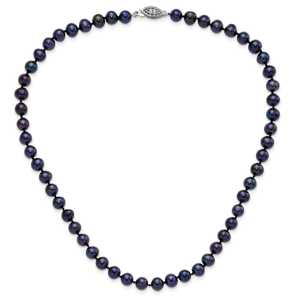 Sterling Silver Rhodium-plated 6-7mm Black Near-Round Freshwater Cultured Pearl 24 inch Necklace 24 Inches
