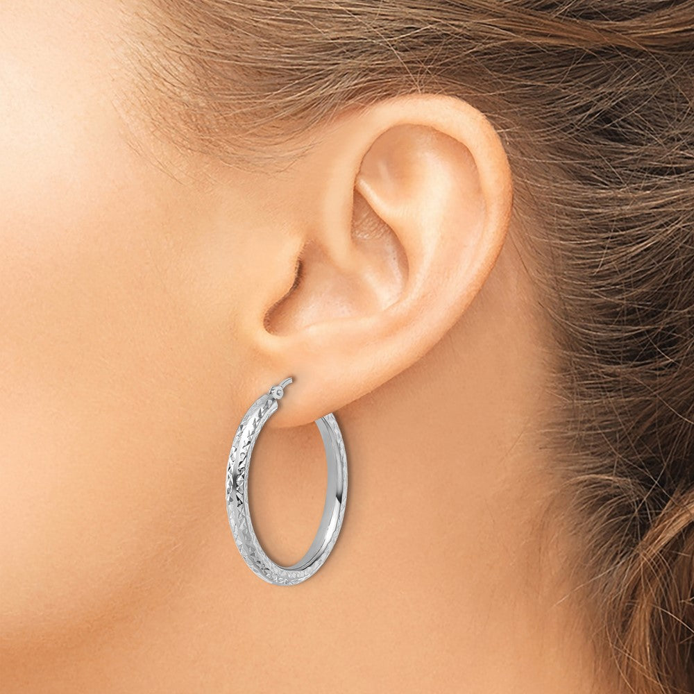 14K White Gold Diamond-Cut 3mm Round Hoop Earrings