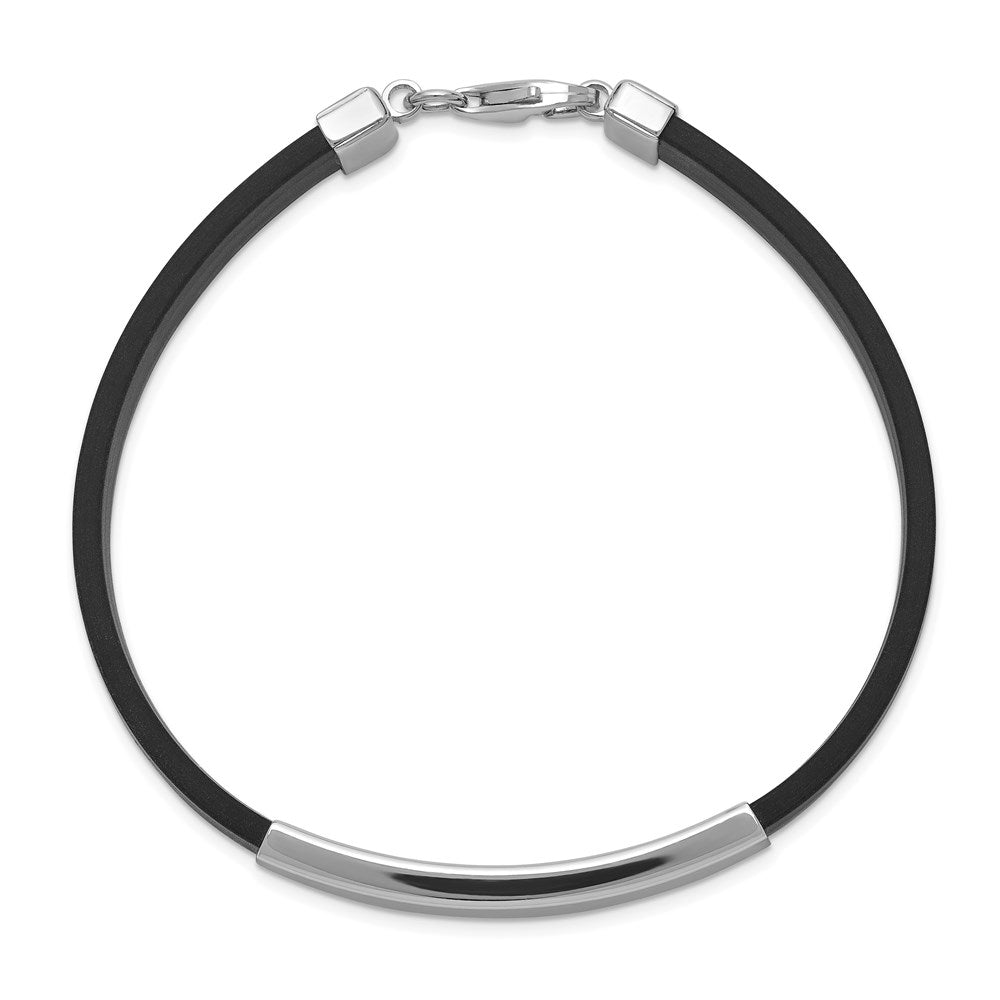 Sterling Silver Rhodium-plated ID Black Rubber Bracelet 8 inches