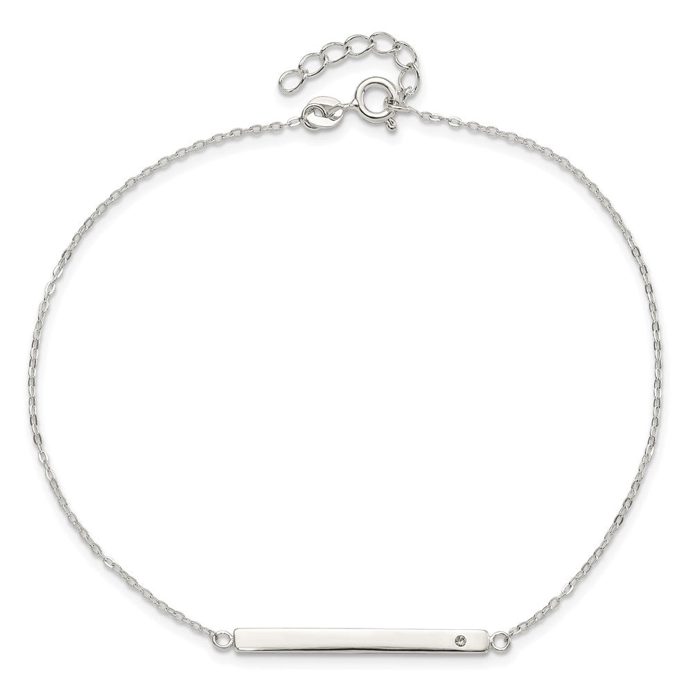 Sterling Silver Polished Crystal Bar 9in Plus 1in ext Anklet 9 inches