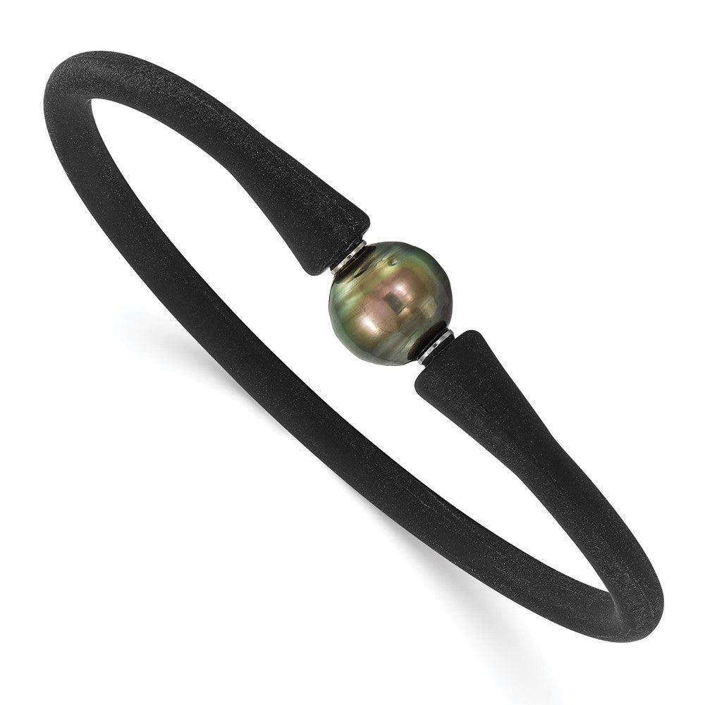 Stainless Steel 10-11mm Black Tahitian Pearl Black Silicone Bracelet 6.75 inches