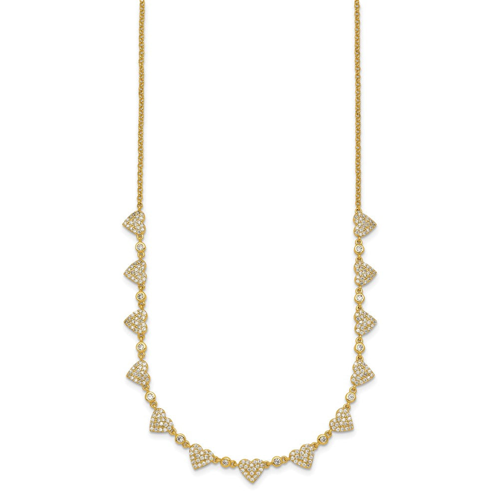 Sterling Silver Gold-tone Polished Pave CZ Hearts 16 Inch with 2 Inch Extension Necklace 16 Inches