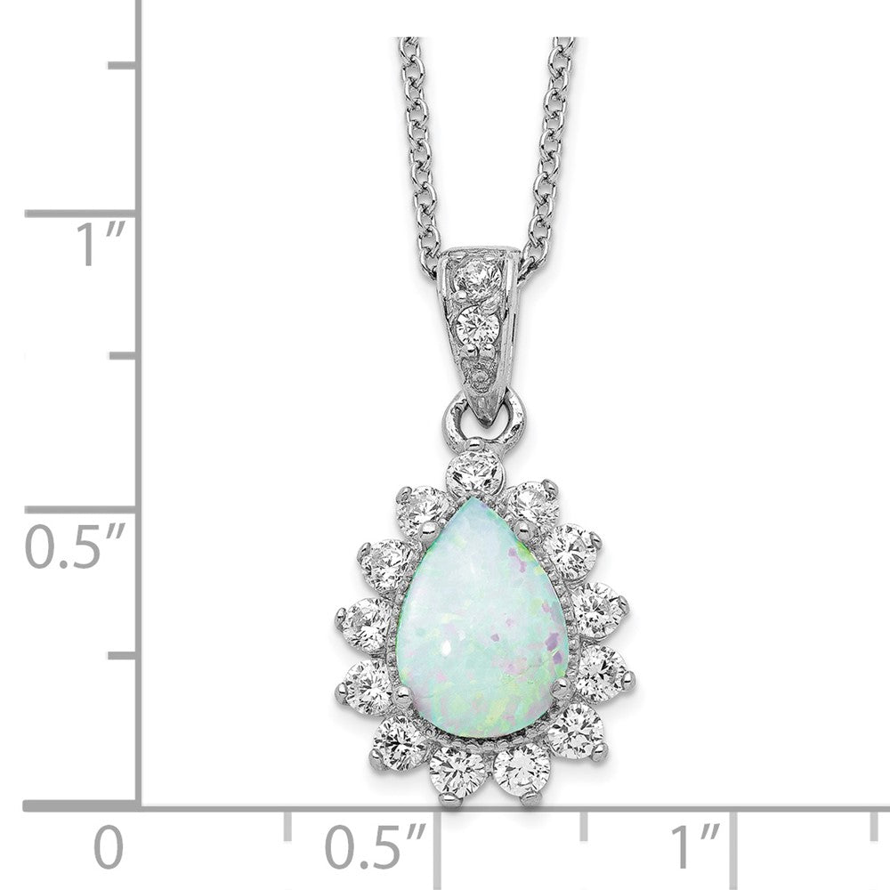 Cheryl M Sterling Silver Rhodium-plated Cabochon Lab Created Opal and Brilliant-cut CZ Teardrop Halo 18 Inch Necklace 18 Inches