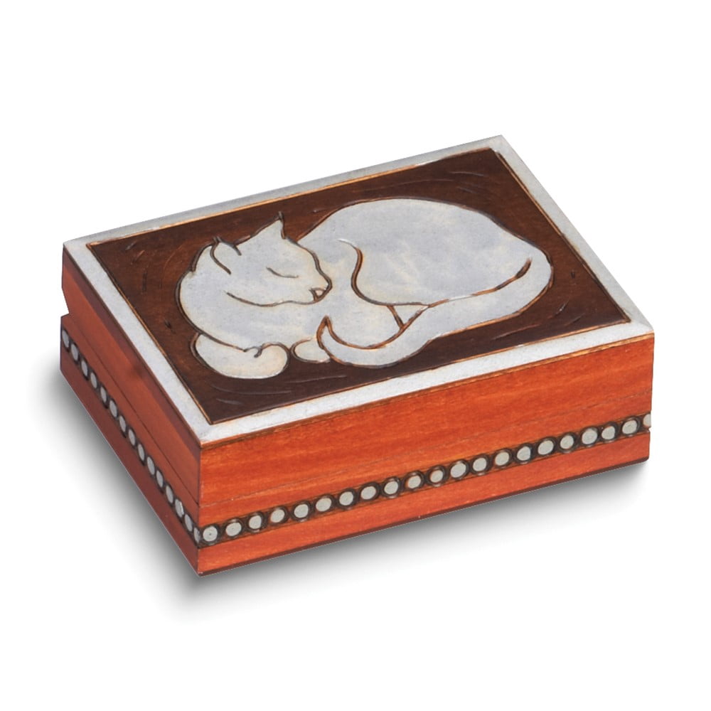 Cat Carved Painted Handcrafted Wood Keepsake Box QGM16172
