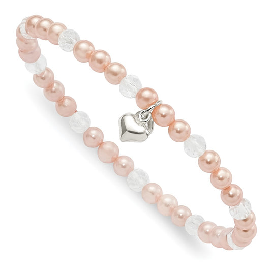 Sterling Silver Pink Shell Bead, Crystal & Heart Children's Stretch Bracele 6 inches