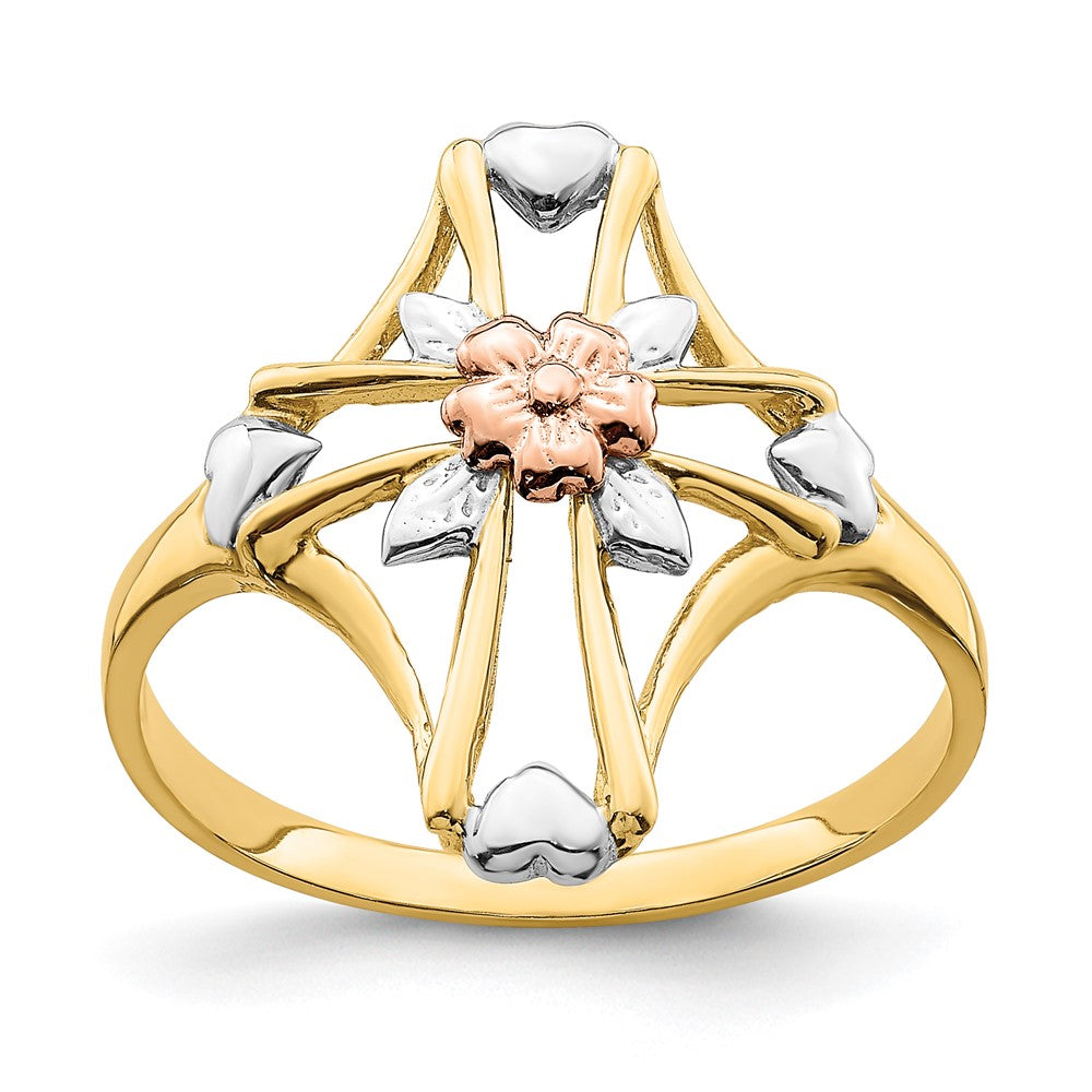 14K Two-tone W/White Rhodium Polished Cross w/Flower Ring Size 7