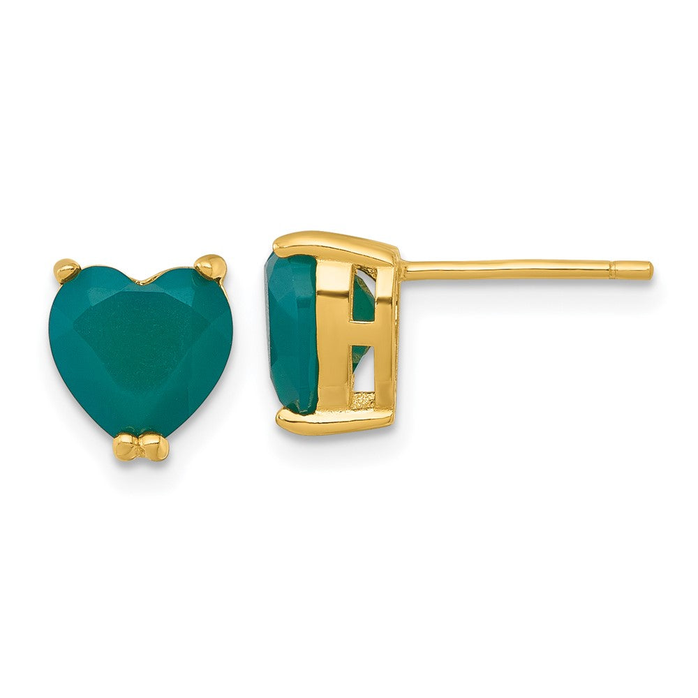 Sterling Silver Gold-tone Polished Green Chalcedony Heart Post Earrings