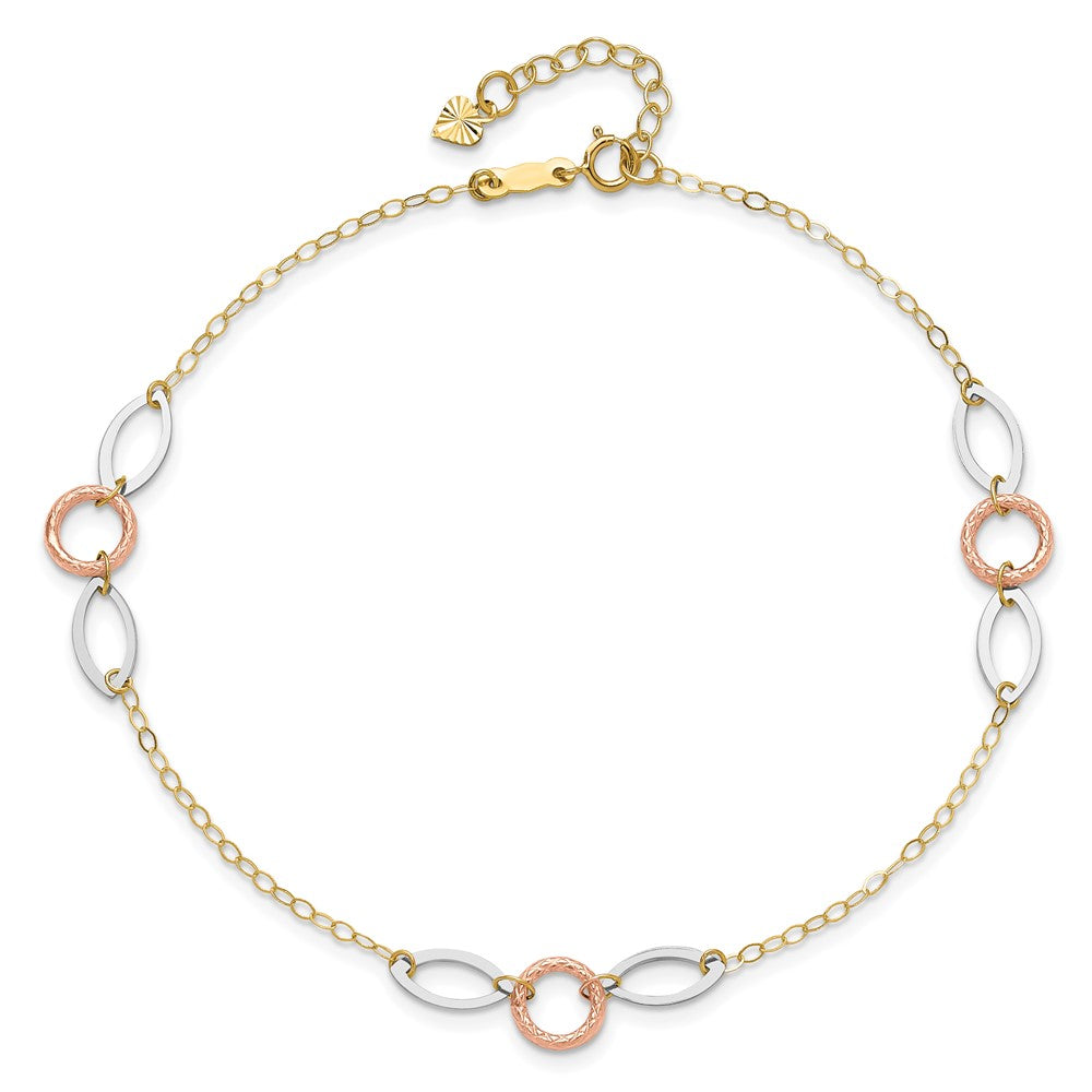 14k Tri-color Circle and Oval 9in Plus 1in ext. Anklet 10 inches