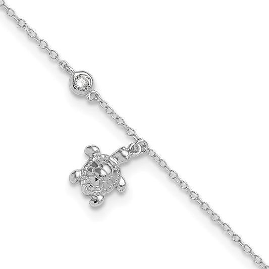 Sterling Silver Rhodium-plated Polished CZ Turtle 9 inch with an 1 inch extention Anklet 9 inches