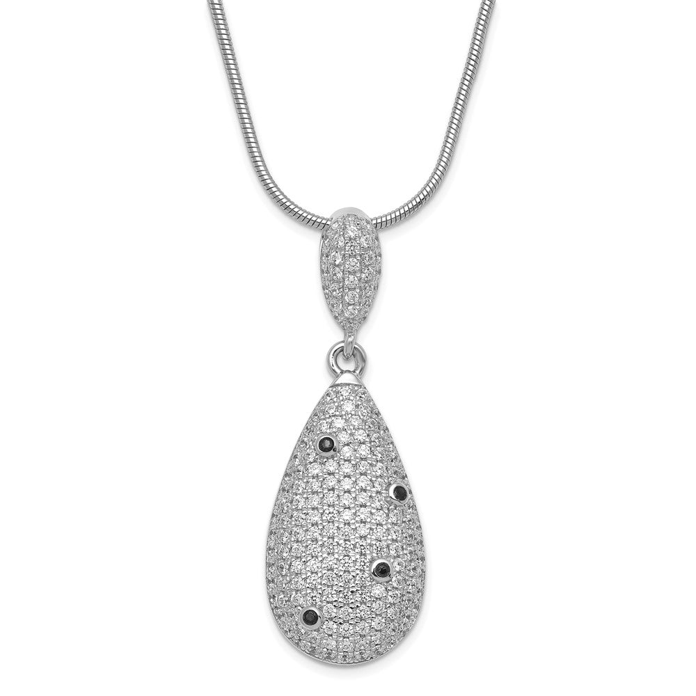 Sterling Silver Black & Clear CZ Brilliant Embers w/ 2in ext Teardrop Necklace
