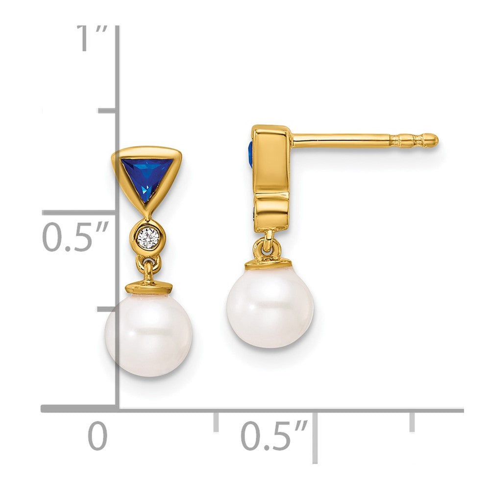 14K Polished Diamond and Sapphire Pearl Dangle Post Earrings