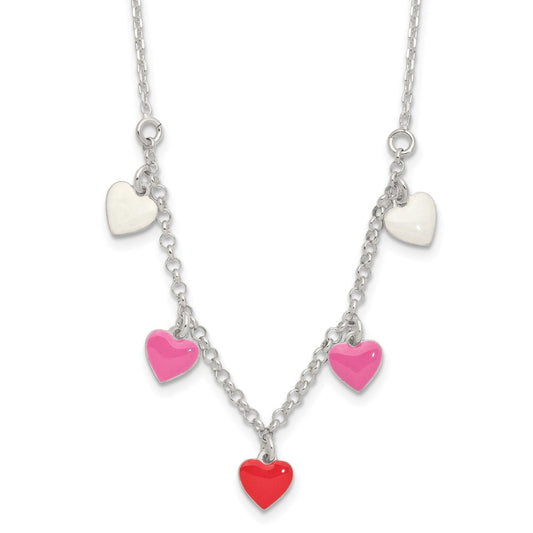Sterling Silver Polished Pink/Red/White Enamel Heart Children's Necklace 14 Inches