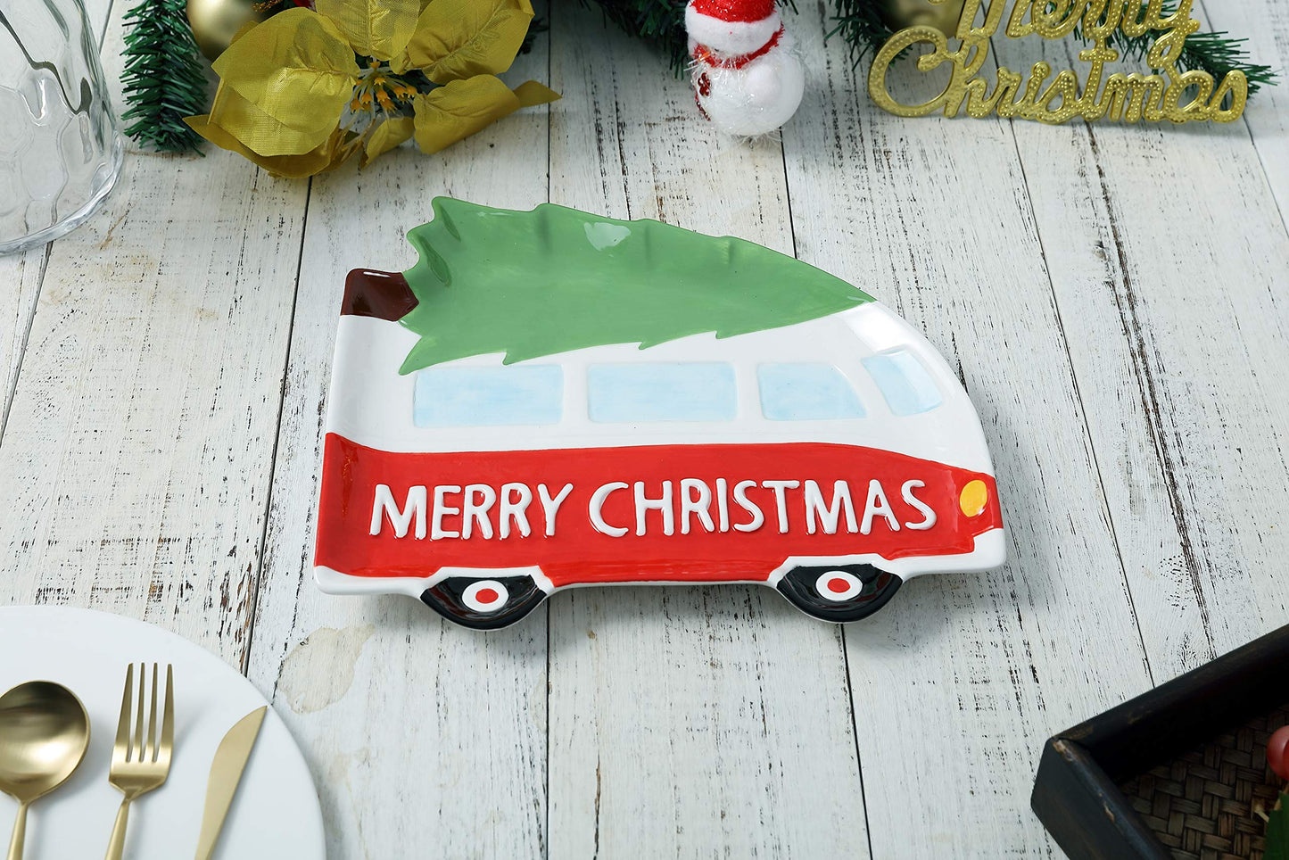 "Merry Christmas" Holiday Bus Shaped 10" Ceramic Accent Plate