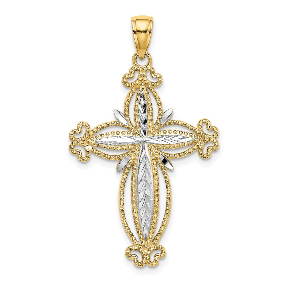 14K W/ Rhodium D/C Puffed Cross Charm