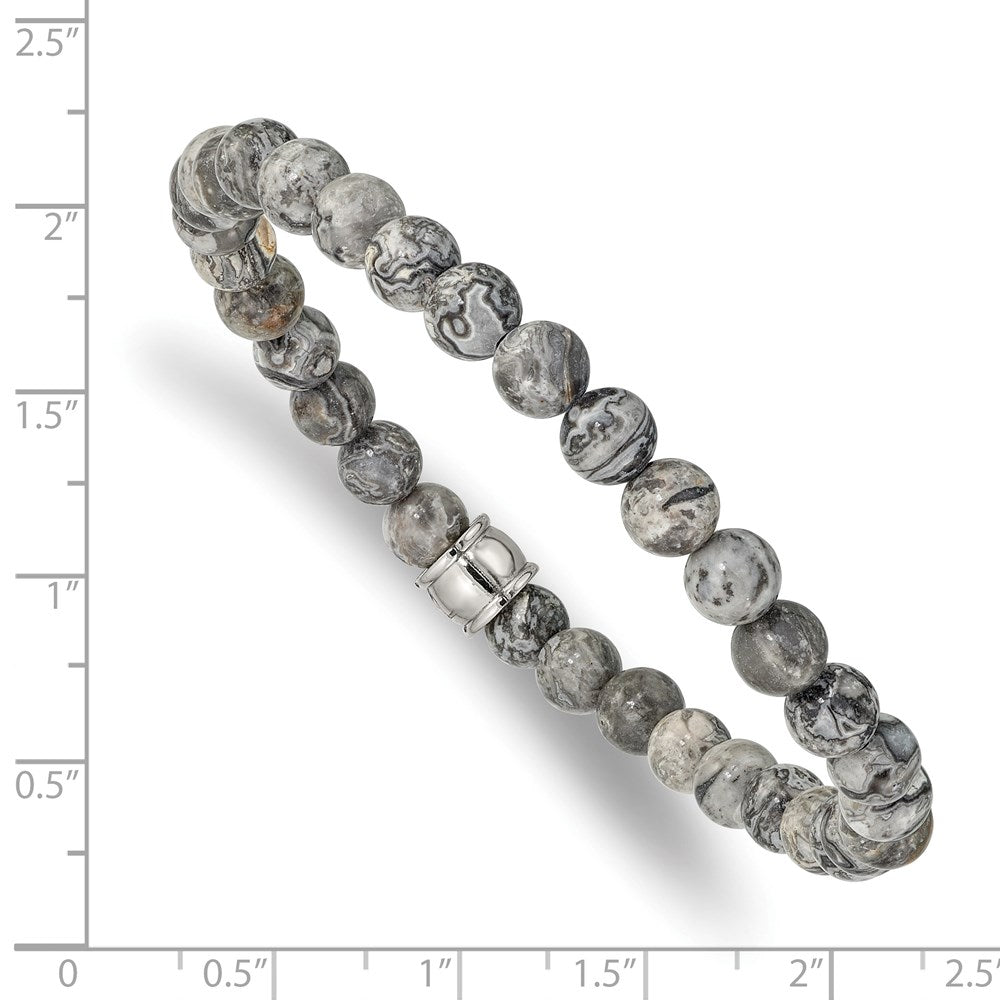 Stainless Steel Polished Grey Jasper Stretch Bracelet 7.25 inches