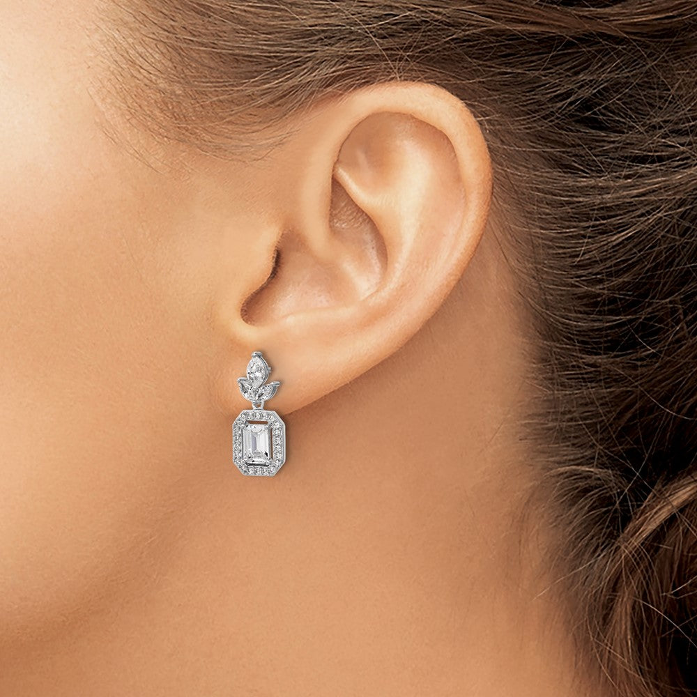Cheryl M Sterling Silver Rhodium-plated Polished Fancy Emerald-cut CZ Halo Post Dangle Earrings