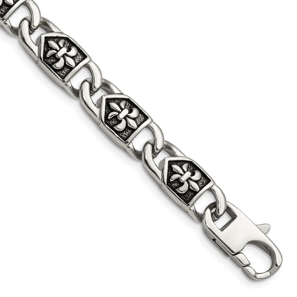 Stainless Steel Antiqued and Polished Fleur de Lis 8.75in Bracelet 8.75 inches