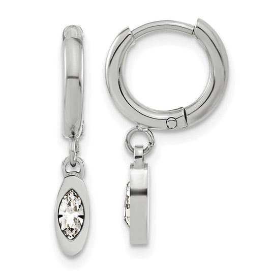 Stainless Steel Polished w/Swarovski Crystal Dangle Hoop Earrings