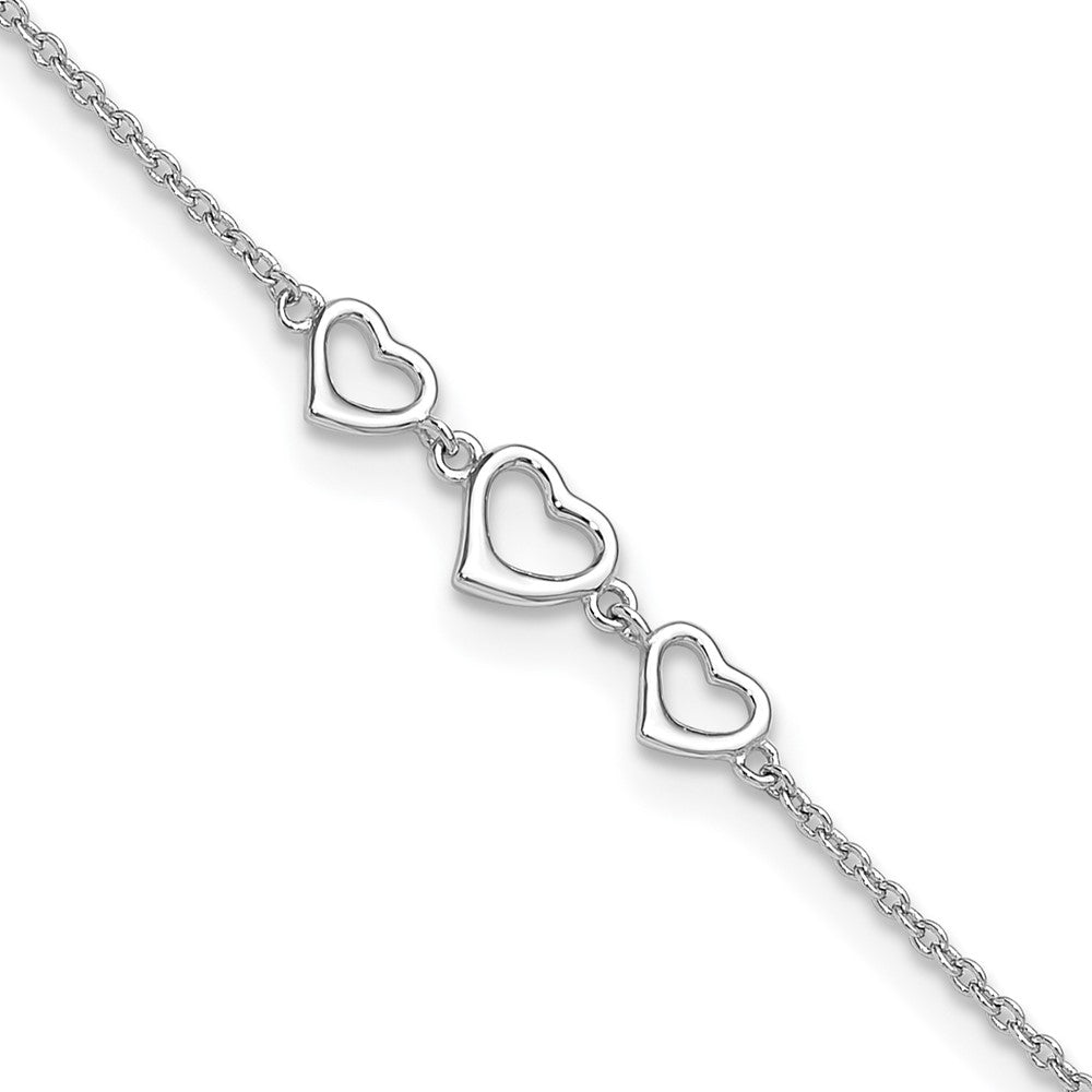 Sterling Silver Rhodium-plated 10 in Plus1 in ext Three Hearts Anklet 10 inches