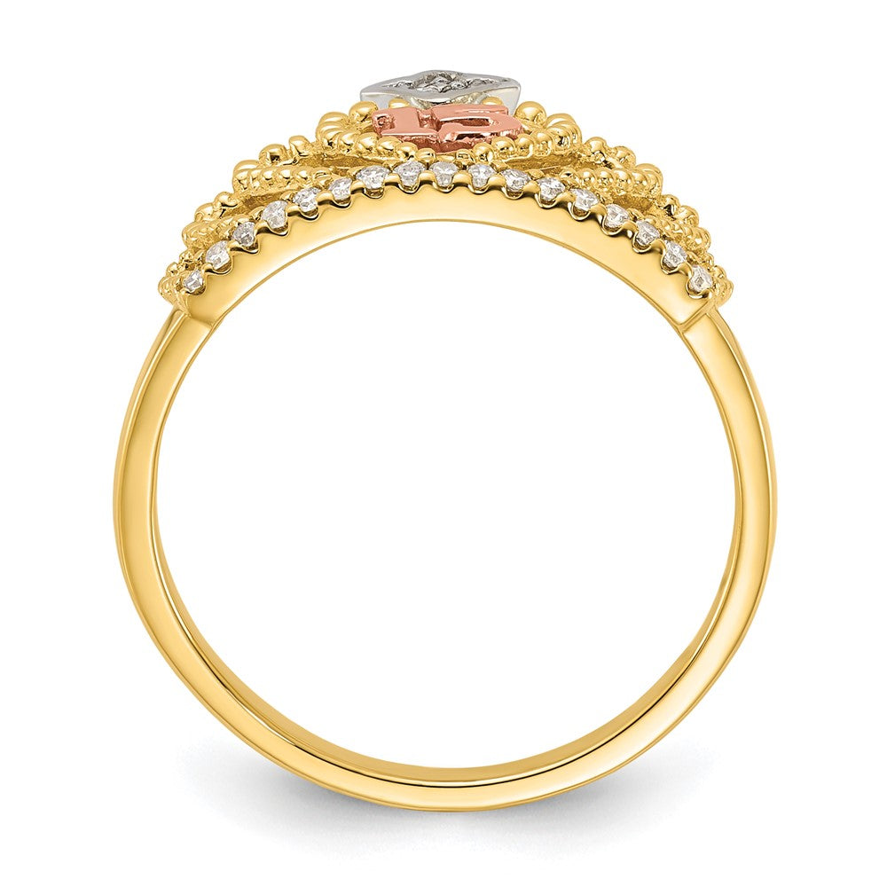 10k Tri-Color Polished & Beaded Diamond 15 Quinceanera Crown Ring