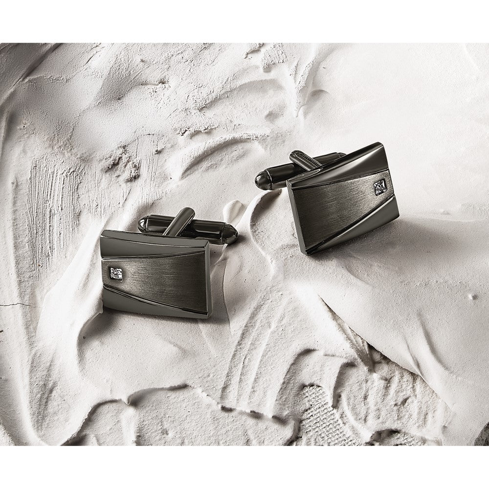 Chisel Stainless Steel Brushed and Polished Gunmetal IP-plated with CZ Rectangle Cuff Links