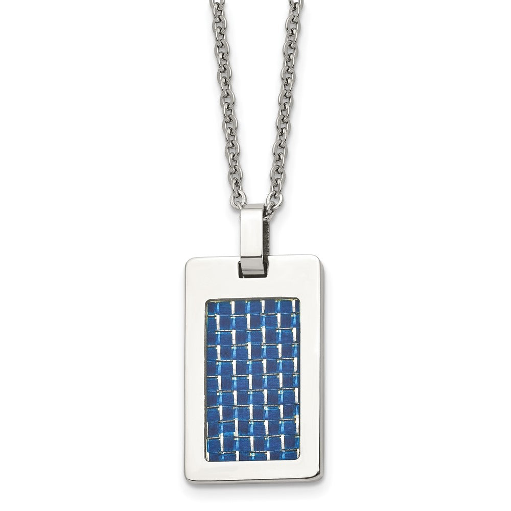 Stainless Steel Polished w/Blue Carbon Fiber Inlay Dog Tag 22in Necklace