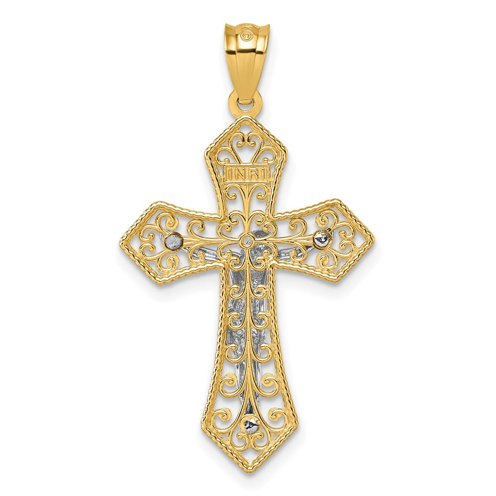 14k Two-tone Polished and Textured Filigree Passion Crucifix Pendant