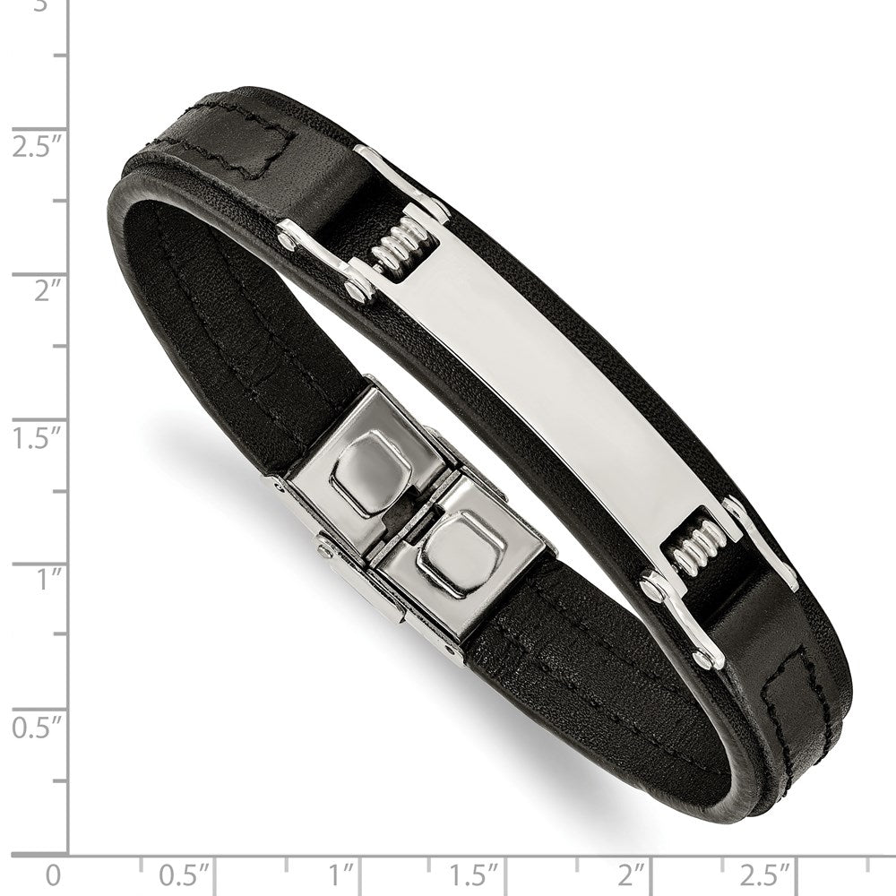Stainless Steel Polished Black Leather 8.25in ID Bracelet 8.25 inches
