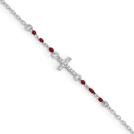 Sterling Silver Rhodium-plated Polished CZ Red Enamel Bead Cross Anklet 10 inches