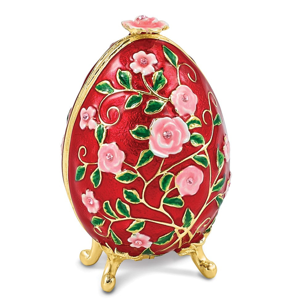 Luxury Giftware by Jere Bejeweled BLOOMER Red Floral Egg Trinket Box with Matching 18 inch Necklace