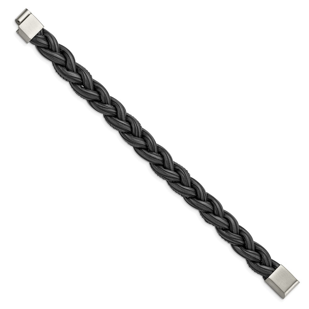 Stainless Steel Brushed Black and Grey Braided Leather 8.25in Bracelet 8.25 inches