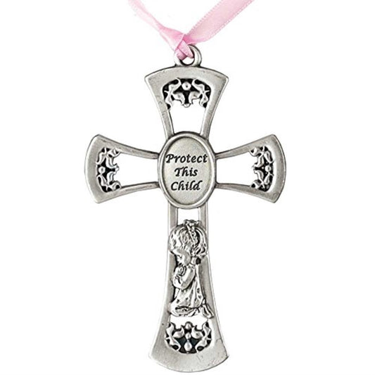 Pewter PROTECT THIS CHILD with Praying Girl and Pink Ribbon Crib Cross QGM22840