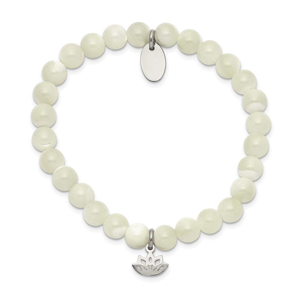 Stainless Steel Polished Lotus Mother of Pearl Beaded Stretch Bracelet 6.5 inches