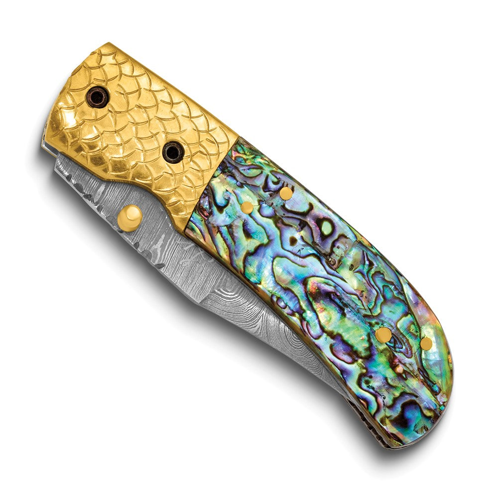 Luxury Giftware by Jere Damascus Steel 256 Layer Folding Blade Genuine Abalone Shell Handle Knife with Leather Sheath and Wooden Gift Box