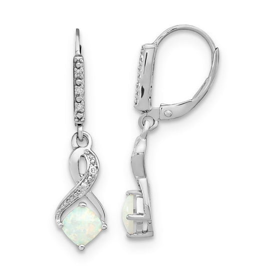 Sterling Silver Created Opal & Diamond Leverback Dangle Earrings