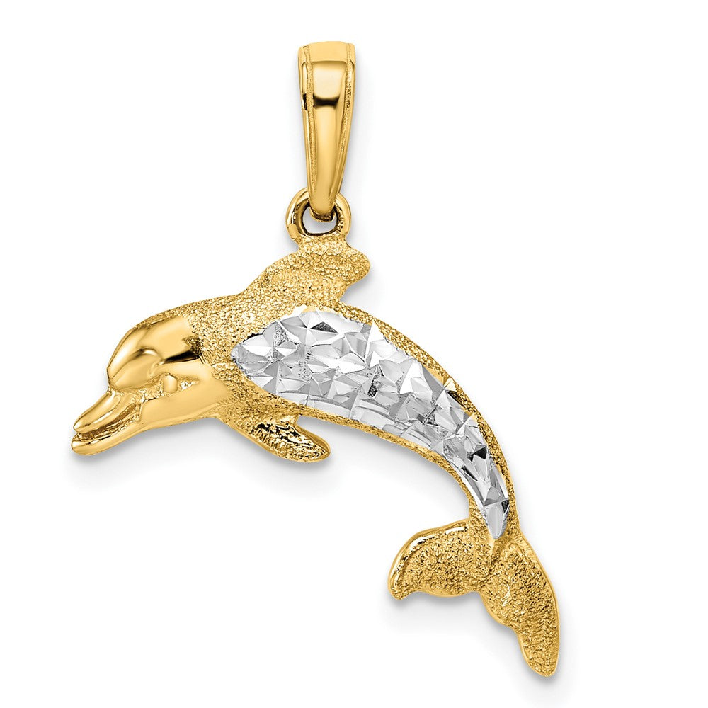 14k w/Rhodium Diamond-cut Dolphin Pendant