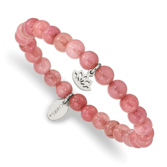 Stainless Steel Polished Lotus Pink Jade Beaded Stretch Bracelet 6 inches
