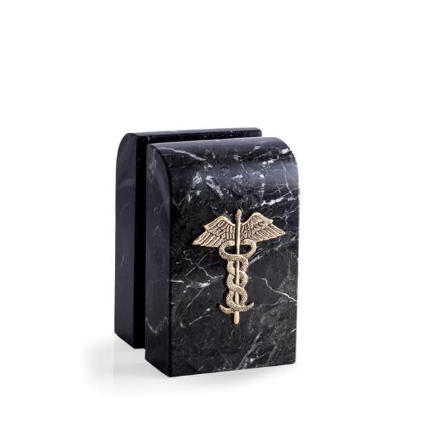 Bey-Berk International R15M Black Zebra Marble Bookends with Antique Gold Plated Medical Emblem