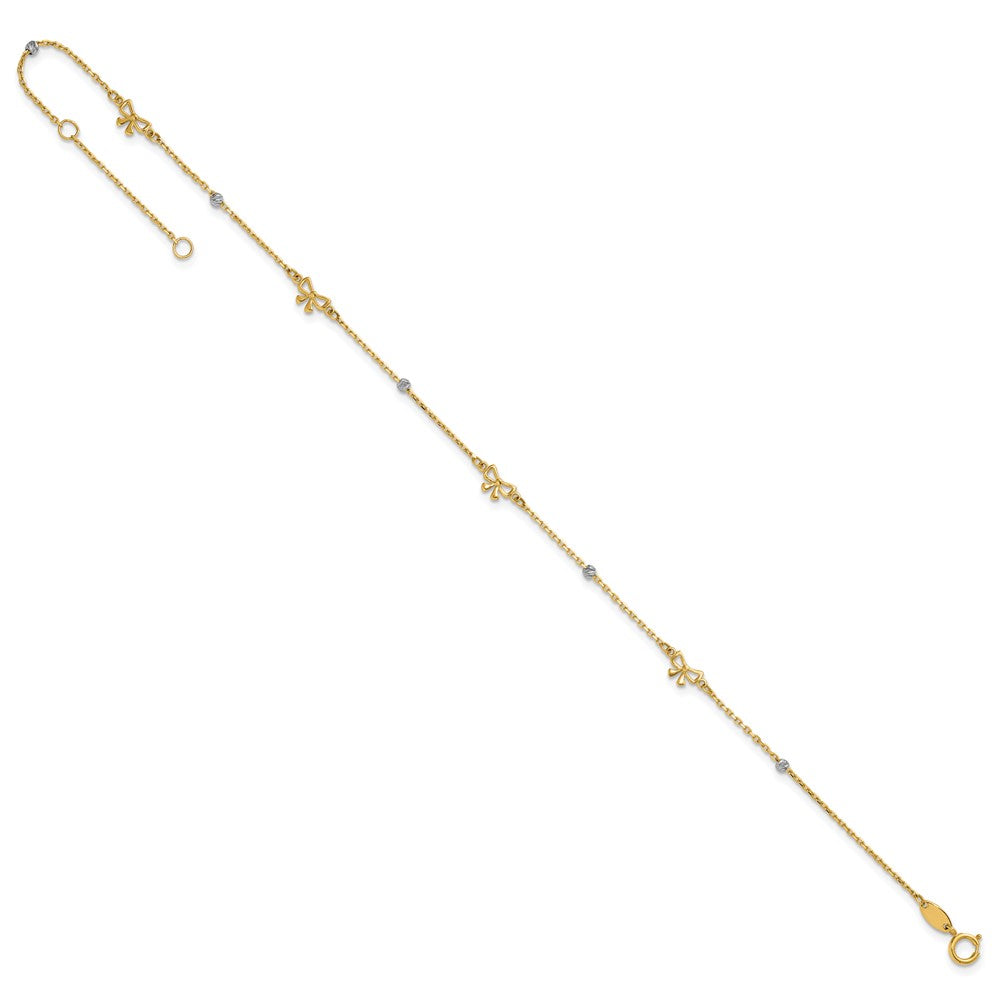 14k Two-tone Polished Diamond-cut Beads and Bows 9 inch with 1 inch Extender Anklet