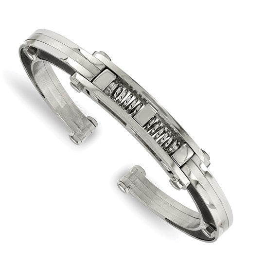 Stainless Steel Brushed and Polished Carbon Fiber Inlay Hinged Bangle 7 inches